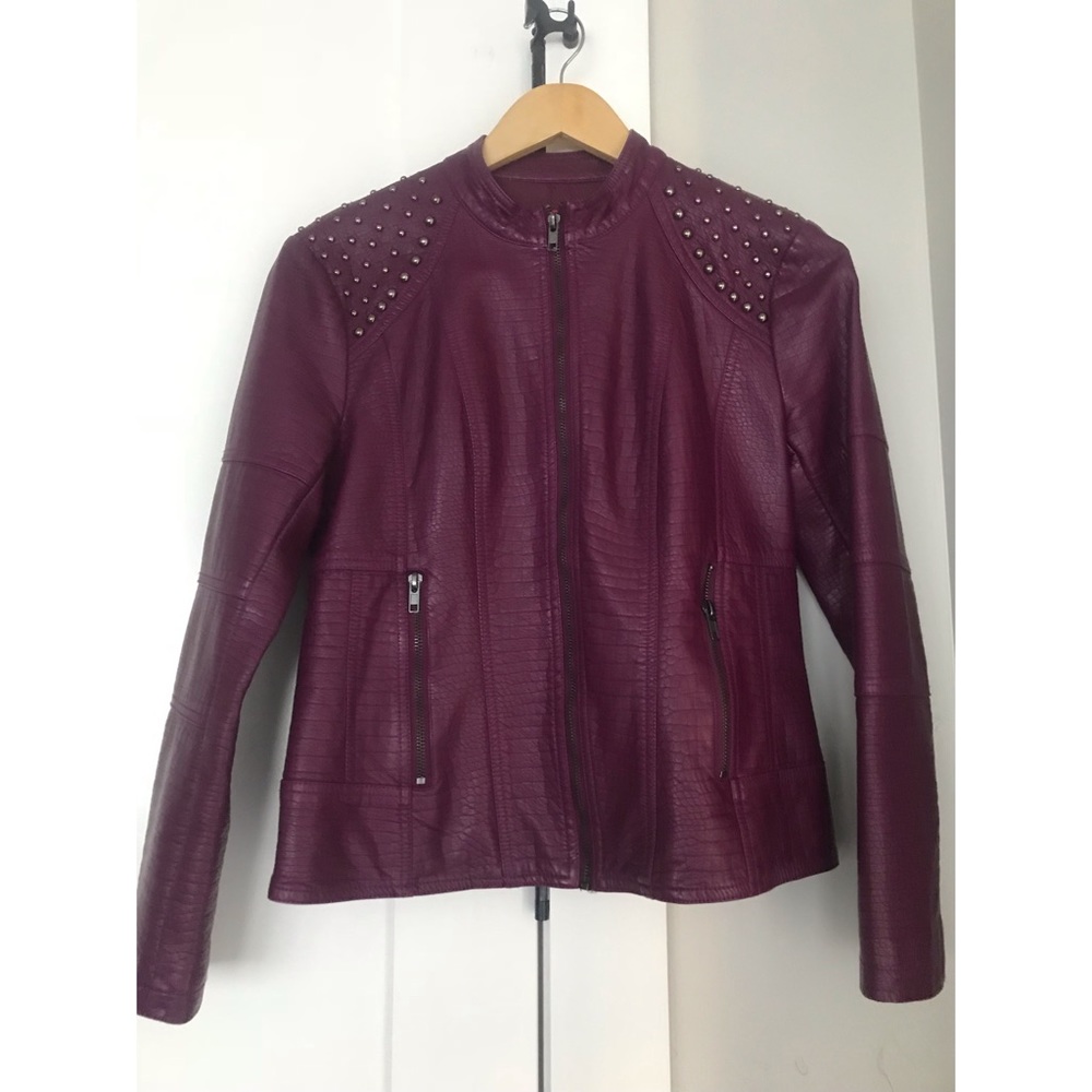 CRISTINA Eggplant textured faux leather jacket